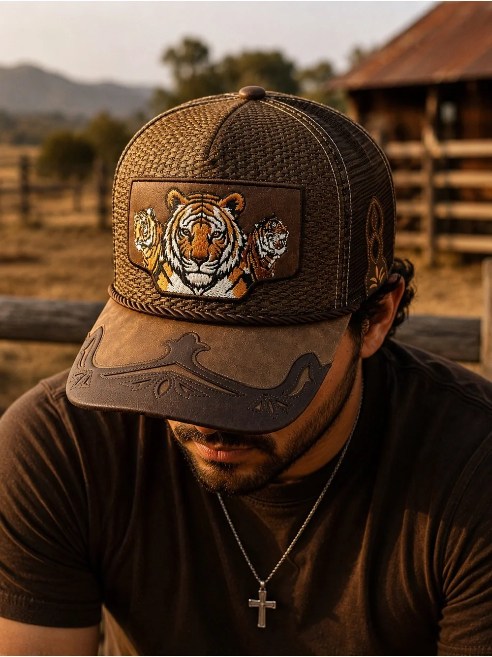 Brown Tiger Embroidered Trucker Cap - Men Grooming Accessory